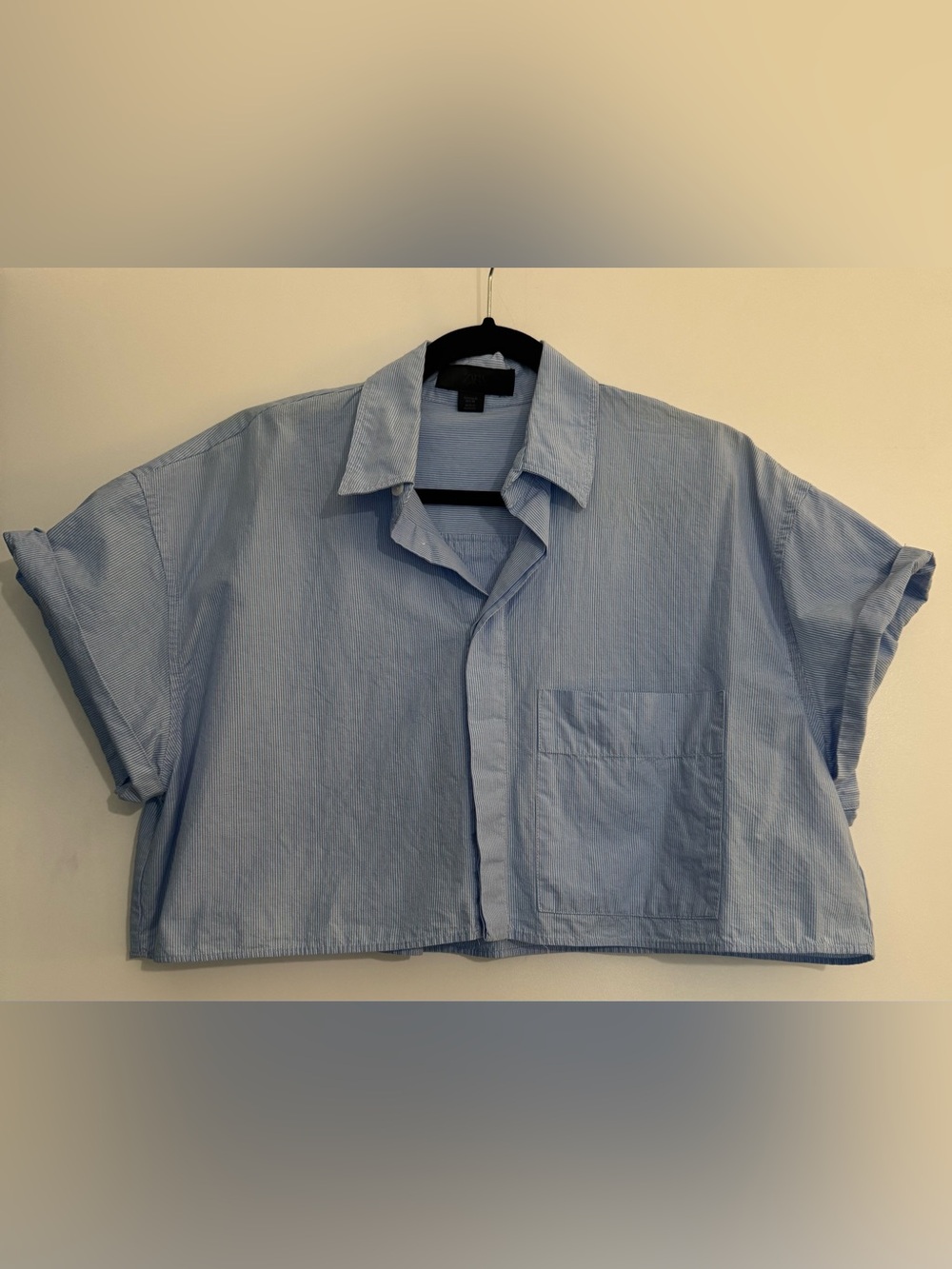 Zara 100% Cotton Blue & White Striped Cropped Button-Up Shirt Size Medium